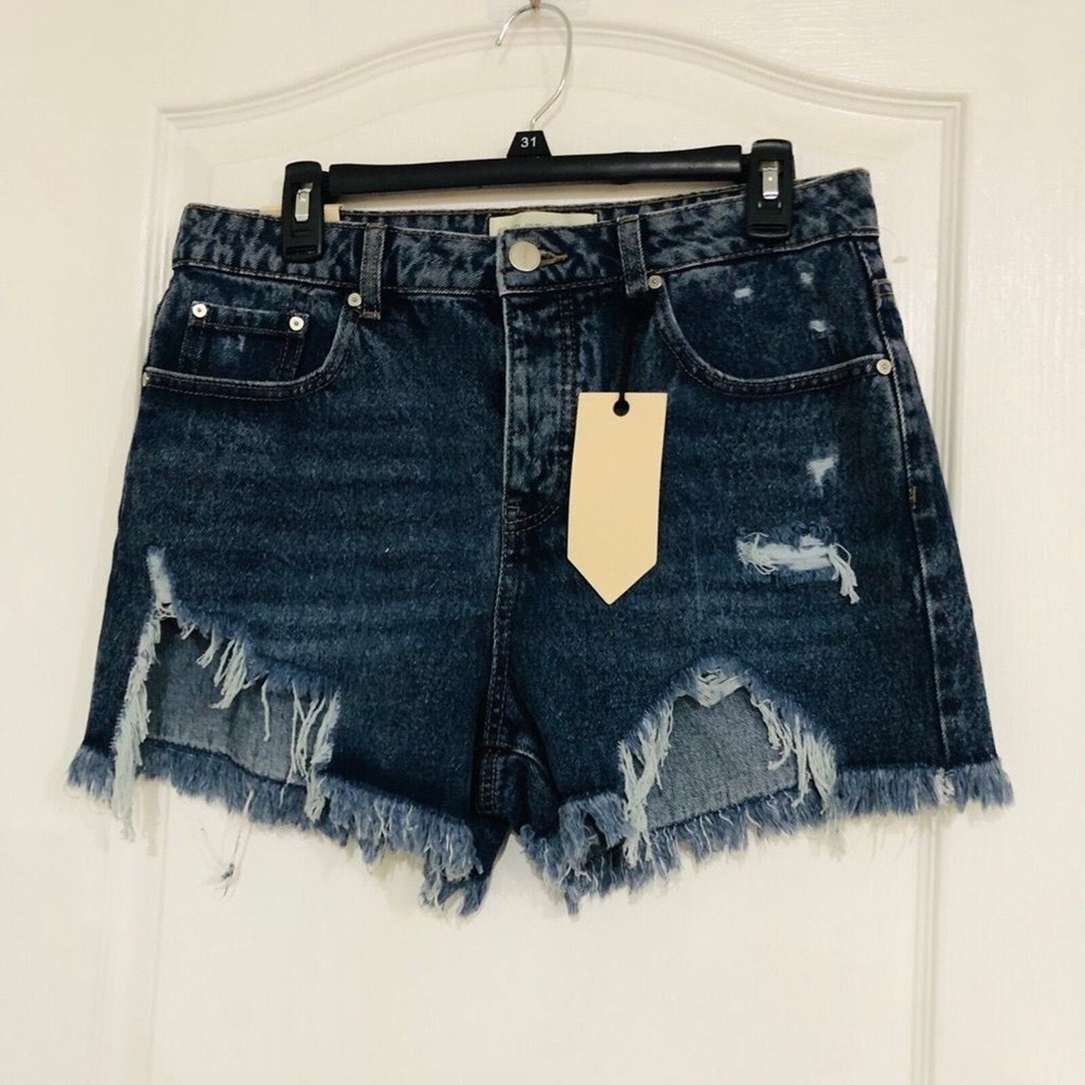 Banjara High Waisted Distressed Denim Shorts Dark Wash Frayed Hem Size 11/29 NEW